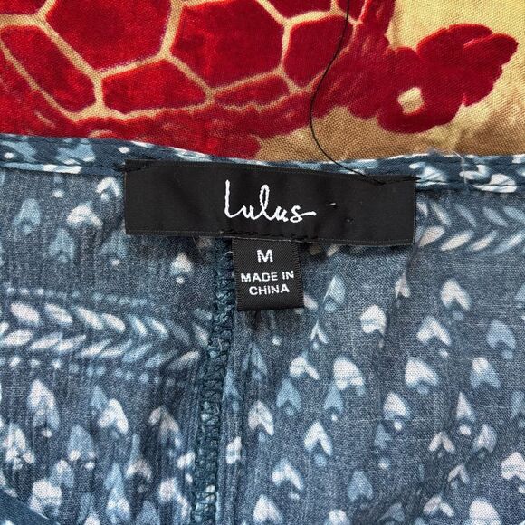 Lulus Blue Patterned Women's top boho medium ruched sleeve - Picture 3 of 9